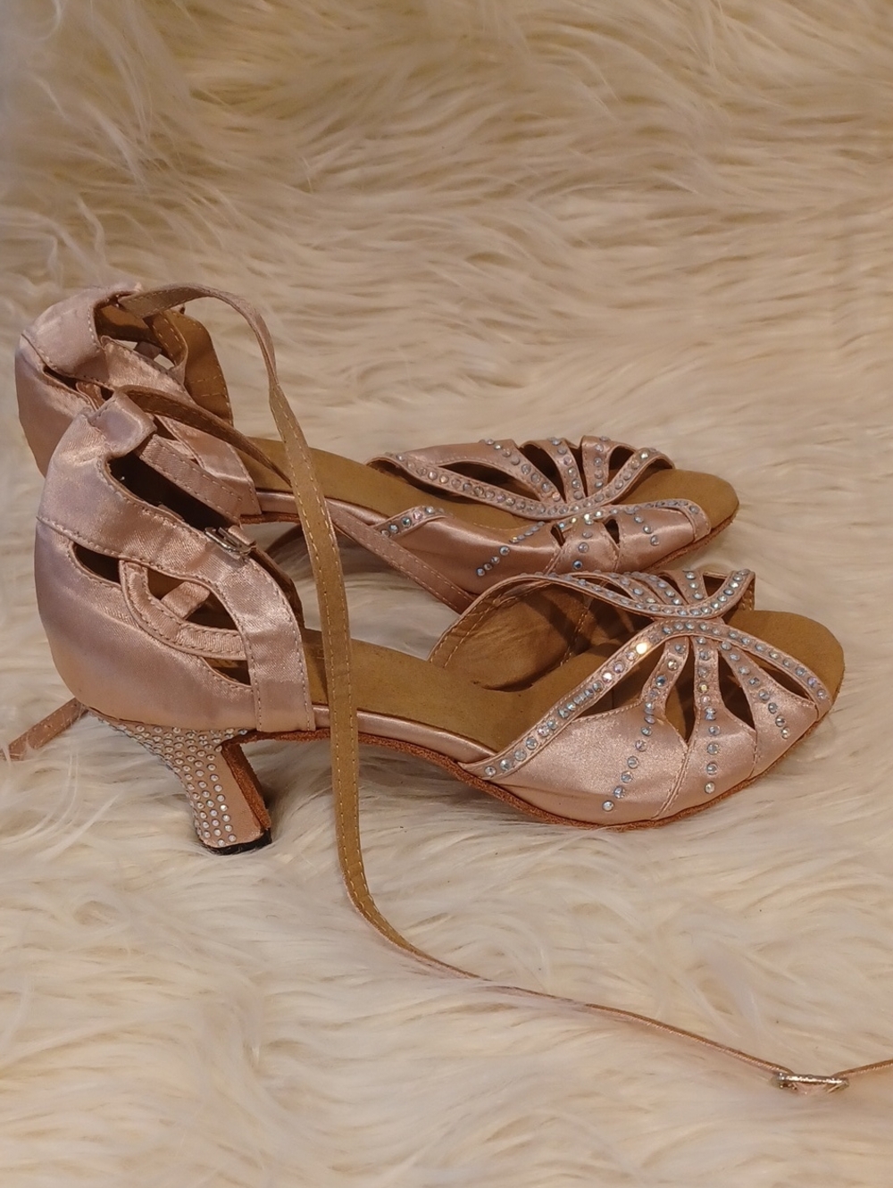 Embellished Satin Peep-Toe Heels in Blush Pink